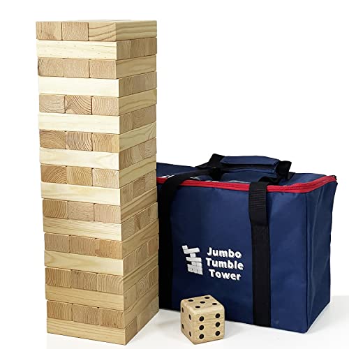 JacJoe All Pro Jumbo Holz-Trommelturm-Spiel mit Würfeln und Tragetasche, klassische Stapelspiele, 54 Stück, Bausteine für drinnen und draußen (Stapel 60 cm bis 150 cm) von JacJoe All Pro