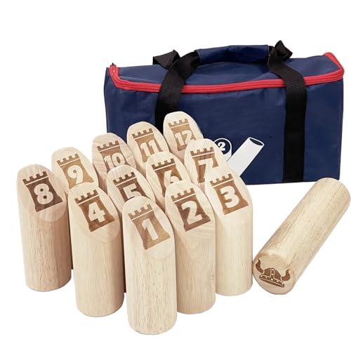 JacMok Numbered Toss -Wurfspiel - Wikingerspiel – Nummern Bowling mit Tasche-Holzwurfspiel Kegelspiel Spielzeug für draussen von JacMok