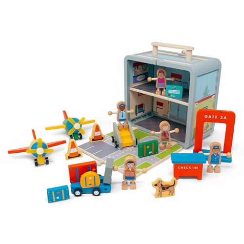 Jack Rabbit Creations Flughafen-Koffer-Spielset, 19 umweltfreundliche Holzfiguren - Reisespielzeug - Enthält Flugzeuge, Gepäckwagen, Pilot, Flugbegleiter, Kegel, Tor und Diensthund - Jungen und von Jack Rabbit Creations