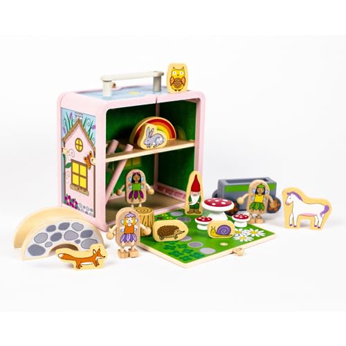 Jack Rabbit Creations Koffer-Spielset (Feenhaus), 17-teiliges Set, tragbares Spielspielzeug, inklusive Feen, Tiere, Zwergenbrücke und Auto, aus umweltfreundlichem Bambus, ab 3 Jahren von Jack Rabbit Creations