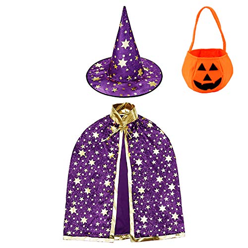 Jackcell Kinder Halloween Kostüm, Wizard Cape Witch Umhang mit Hut, Kürbis Candy Bag, Zauberer Mantel mit Requisiten für Jungen Mädchen Cosplay party (Lila) von Jackcell