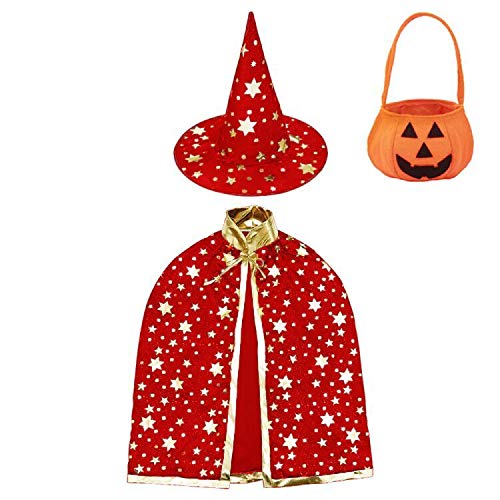 Jackcell Kinder Halloween Kostüm, Wizard Cape Witch Umhang mit Hut, Kürbis Candy Bag, Zauberer Mantel mit Requisiten für Jungen Mädchen Cosplay party (Rot) von Jackcell