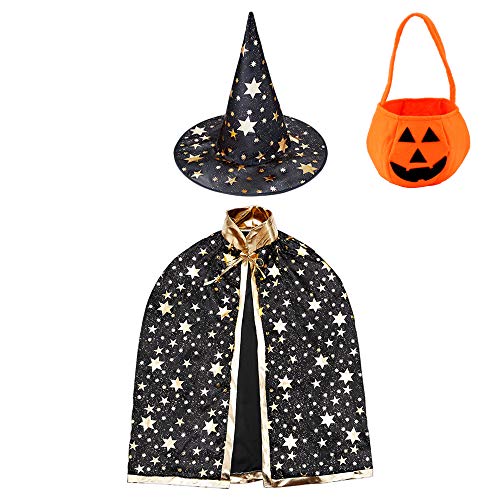 Jackcell Kinder Halloween Kostüm, Wizard Cape Witch Umhang mit Hut, Kürbis Candy Bag, Zauberer Mantel mit Requisiten für Jungen Mädchen Cosplay party (Schwarz) von Jackcell