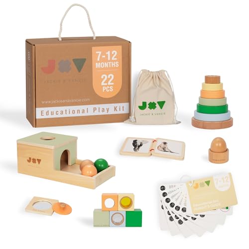 Montessori Lernspielzeug Set für 7-12 Monate, 6-in-1 Holzspielzeug mit Box, Puzzle, Eierbecher, Stapelturm, Buch & Blöcken von Jackie & Vancie