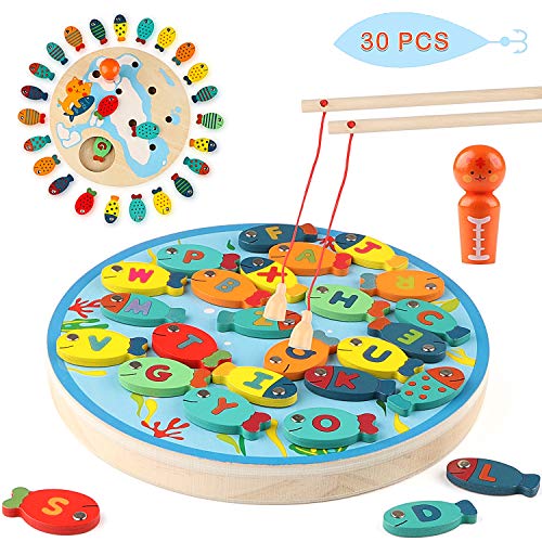 Jacootoys 30 Stück Magnetische Angelspiel, 2 In 1 Holz Alphabet Brief Angeln Spielzeug Tischspiele Geschenk Lernspielzeug für 2 3 Jahren Mädchen Jungen Kinder von Jacootoys