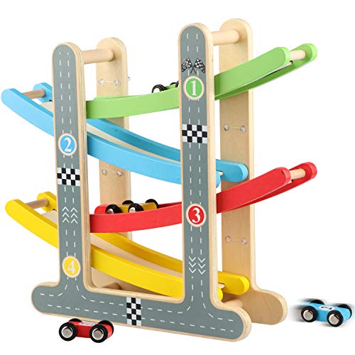 Jacootoys Spielzeug Autostrecke Set mit 4 Mini Autos Rennstrecke Holz Rennbahn Fahrzeuge Rennwagenbahn Holzrampe Racer für Kleinkinder 3 Jährige Mehrfarbig von Jacootoys