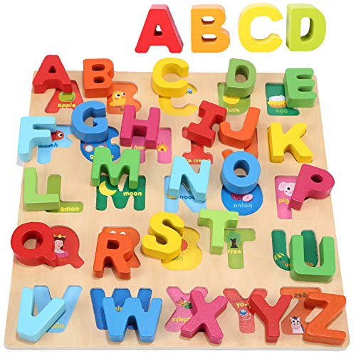 Jacootoys Holz Alphabet Puzzle Englischen ABC Großbuchstaben Grosse Bunte Buchstaben Lernspielzeug Montessori Pädagogisches Spielbrett für Kinder Mädchen Jungen ab 3 Jahre von Jacootoys