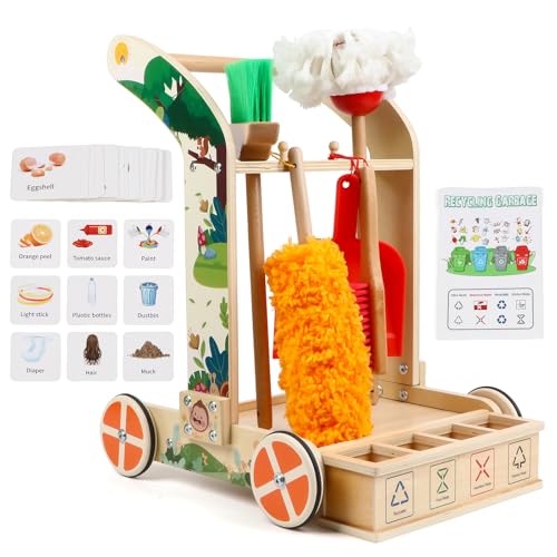 Jacootoys Holz Baby Push Walker, Kinder Reinigungsset für Kleinkinder, Baby Schiebespielzeug für Jungen und Mädchen ab 36 Monaten, Educational Kleinkind Reinigungswagen umfasst Mop Besen Handbürste von Jacootoys