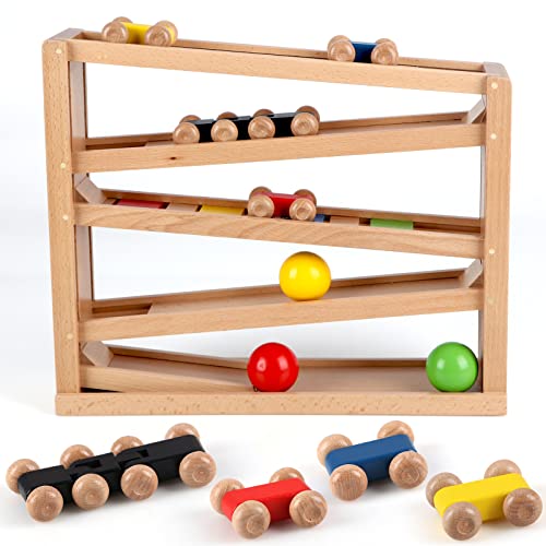 Jacootoys Holzautorampe Kugelbahn Spiel Rennstrecke 5 Schichten Racer Spielzeug Set 4 Autos 3 Bälle Geschenk für Kinder Jungen Mädchen von Jacootoys