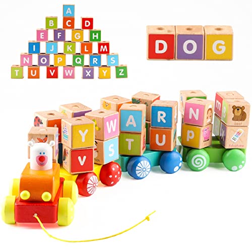 Jacootoys Kleinkind ziehen entlang Zug Holz ABC Lastwagen Set Stapelspiel Montessori Vorschule Lernen Spielzeug LKW Nachziehspielzeug ab 3 Jahre von Jacootoys