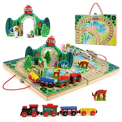 Jacootoys Holz 18 PCS Zug Track Set für Kinder, Eisenbahn,4 Züge, Spiel Stücke, Brücke für Alter 3+ Mädchen Jungen Geschenke von Jacootoys