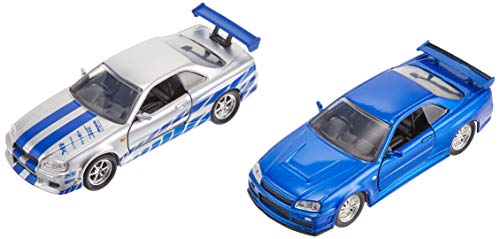 Fast & Furious Brian's Nissan Skyline GT-R R34 Silver & Nissan GT-R R34 Blue 1:32 Die - cast Car, Toys for Kids and Adults von Jada Toys