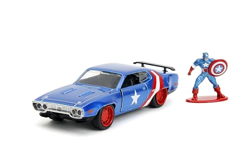 Jada 1972 Plymouth GTX Candy Blue with Red and White Stripes and Captain America Diecast Figure The Avengers Hollywood Rides Series 1/32 Diecast Model Car von Jada Toys