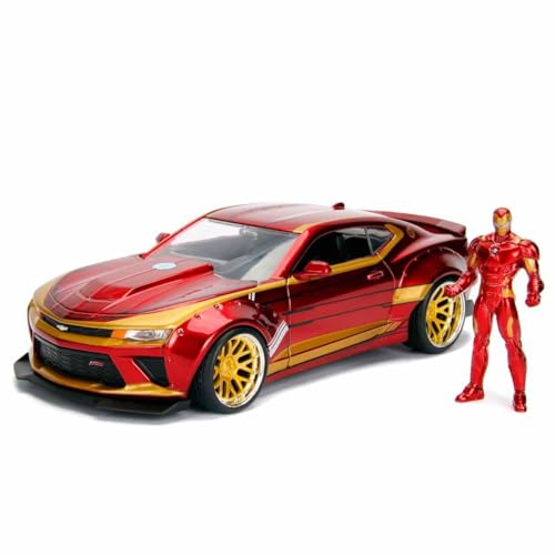 Jada Toys Marvel Iron Man 2016 Chevy Camaro SS, 1:24 Modellauto inkl. Iron Man Figur, aus Zinkdruckguss, öffnende Türen, Motorhaube, Kofferraum, rot/gold von Jada Toys