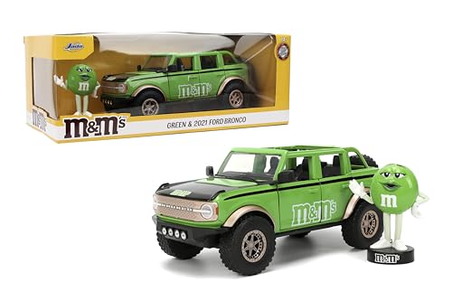 Jada Hollywood Rides M&M'S 2021 Ford Bronco mit grüner M&M'S Metallfigur - Druckguss-Auto mit sich öffnenden Türen, Maßstab 1:24, ab 8 Jahren, Sammelspielzeug für Kinder und Erwachsene von Jada Toys