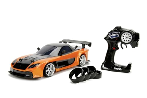 Jada Toys 253209001 Fast & Furious RC Drift Mazda RX-7, RC Auto, ferngesteuertes Auto mit Funkfernsteuerung, Driftfunktion, Allradantrieb, 4 Ersatzreifen, USB Ladefunktion, inkl. Batterien, Maßstab 1:10, orange von Jada Toys