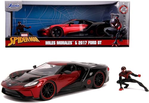 Jada Toys 253225008 Marvel, 2017 Ford GT, Spielzeugauto, Türen, Kofferraum, Motorhaube zum Öffnen, inkl. Die-cast Miles Morales Figur, Maßstab 1:24, rot von Jada Toys