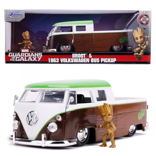 Jada Toys 253225013 Other License Marvel, 1963 Bus Pickup, Spielzeugauto, Türen, Kofferraum, Motorhaube zum Öffnen, inkl. Die-cast Groot Figur, Maßstab 1:24, braun von Jada Toys