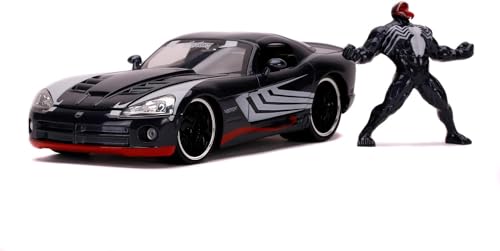 Jada Toys 253225015 Scale CAR Avengers Marvel, 2008 Dodge Viper, SRT10, Spielzeugauto, Türen, Kofferraum, Motorhaube zum Öffnen, inkl. Die-cast Venom Figur, Maßstab 1:24, schwarz von Jada Toys