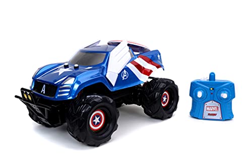 Jada 253228001 Marvel RC Captain America Attack, ferngesteuertes Auto, mit Turbo, USB Ladefunktion, 3,6 m/s, Kontrolldistanz 25 m, Maßstab 1:14, blau von Jada Toys