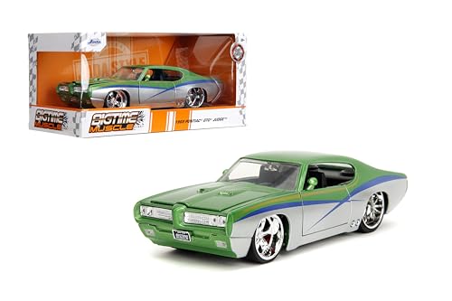 Jada Toys Bigtime Muscle 1:24 1969 Pontiac GTO Druckguss-Auto – Öffnende Türen, Motorhaube, Kofferraum, Gummireifen (Candy Silver/Green) von Jada Toys