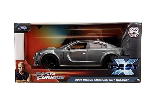 Jada Toys - Fast and Furious Auto Dodge Charger (1:24, grau) - Modellauto 2021 Dodge Charger SRT Hellcat aus dem Film Fast & Furious 10, Die Cast Car ab 8 Jahre mit Teilen zum Öffnen, 19cm von Jada Toys