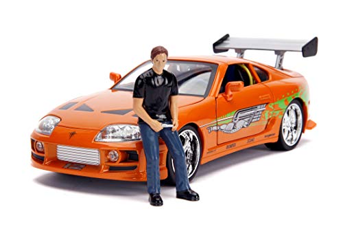 Jada Toys Fast & Furious Brian's 1995 Toyota Supra, Unterbodenbel., Auto, Tuning-Modell, Maßstab 1:18, zu öffnende Türen und Kofferraum, abnehmbare Motorhaube, inkl. Brian O'Conner Figur, orange von Jada Toys