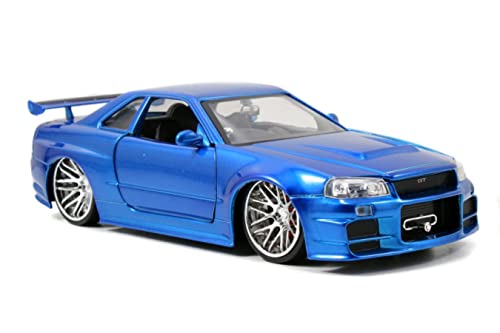 Jada 97173 Toys Fast & Furious Brian's 2002 Nissan Skyline GTR-R R34, Auto, Tuning-Modell im Maßstab 1:24, mit Spoiler, zu öffnende Türen, Motorhaube und Kofferraum, Freilauf, blau von Jada Toys