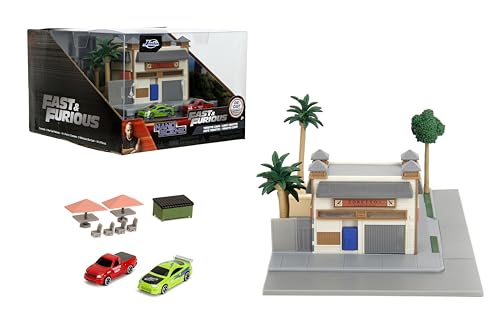 Jada Toys Fast & Furious Nanoscene: Toretto's Market & Cafe mit 2 Nano-Fahrzeugen - Hochdetailliertes Filmreplika-Spielset, Sammelszene für Kinder ab 8 Jahren von Jada Toys