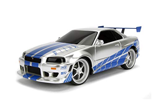 Jada Toys Fast & Furious RC Nissan Skyline GTR, R34, Turbofunktion, RC Auto, Ferngesteuertes Auto mit Fernbedienung, vorwärts-rückwärts, Links-rechts, Maßstab 1:24, blau/Silber von Jada Toys