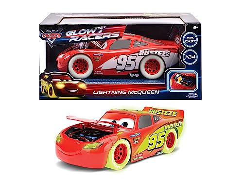 Jada Toys - Glow Racers Auto Lightning McQueen (21 cm) aus Disney Pixars Cars - Spielzeugauto für Kinder ab 8 Jahre, leuchtet im Dunkeln, Modellauto aus Metall, Maßstab 1:24, Rot von Jada Toys