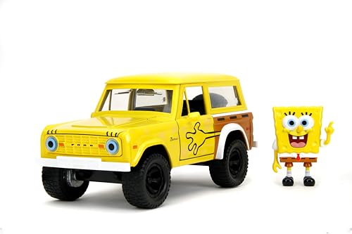 Jada Toys Hollywood Rides 1:24 Druckguss 1972 Ford Bronco mit Spongebob-Figur – Türen zum Öffnen, Motorhaube, Kofferraum, Gummireifen – Sammlerstück für Erwachsene und Kinder von Jada Toys