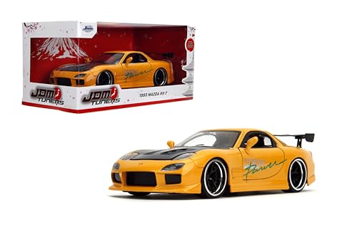 Jada Toys JDM Tuners 1993 Mazda RX-7 (FD) HKS, Maßstab 1:24, Maßstab 1:24, Öffnungstüren, detaillierter Innenraum, Gummireifen, Sammlerstück für Kinder ab 8 Jahren, Gelb Orange von Jada Toys