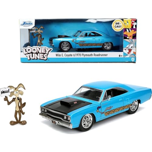 Jada Toys Looney Tunes Road Runner, 1970 Plymouth, Modellauto, Spielzeugauto, zu öffnende Türen, Motorhaube und Kofferraum, mit Wile E. Coyote Figur, Maßstab 1:24, blau von Jada Toys