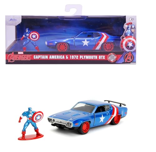 Jada Toys - Marvel Captain America 1971 Plymouth GTX inkl. Captain America Figur, Modellauto aus Metall, 1:32, Türen zum Öffnen, 13,5 cm, für Fans und Kinder ab 8 Jahre, Schwarz von Jada Toys