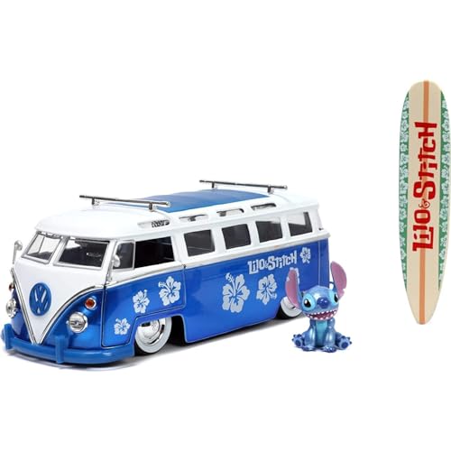 Jada Toys Stitch Van with Figure, 1:24, Die Cast Auto, bekannt aus Film und Fernsehen, Volkswagen T1 Bus Die Cast, Mehrfarbig, 253075000 von Jada Toys