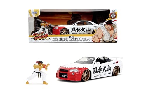 Jada Toys - Street Fighter Nissan Skyline GTR R34 inkl. Rye Figur, Modellauto aus Metall, 1:24, Türen, Kofferraum, Motorhaube zum Öffnen, 19 cm, für Fans und Kinder ab 8 Jahre von Jada Toys