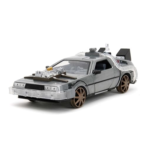 Jada Toys - Time Machine - Back to The Future 3, Modellauto aus Metall, 1:24, Türen zum Öffnen, LED Licht, Version mit braunen Felgen, 20 cm, Silber von Jada Toys