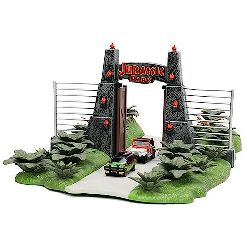 Nano Scene Jurassic Park Jurassic Gate Diorama zum 30. Jahrestag mit zwei 4,2 cm Druckguss-Autos, Spielzeug für Kinder und Erwachsene von Jada Toys