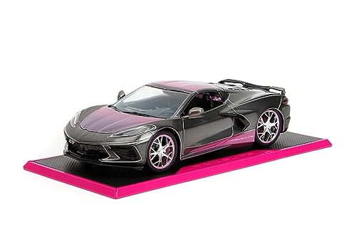 Pink Slips 1:24 W2 2020 Chevy Corvette Stingray Druckguss-Auto mit Sockel, Spielzeug für Kinder und Erwachsene (Metallic-Grau/Rosa) von Jada Toys