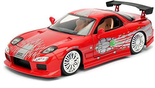 Jada Toys Fast & Furious Dom's 1993 Mazda RX-7 FD3S-Wide Body, Auto, Tuning-Modell im Maßstab 1:24, mit Spoiler, zu öffnende Türen, Motorhaube und Kofferraum, Freilauf, rot von Jada Toys