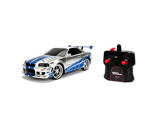 Jada Toys Fast & Furious RC-Auto, 2002 Nissan Skyline GT-R, R34, Ferngesteuertes Auto, Turbofunktion, 2-Kanal Funkfernbedienung, USB-Ladefunktion, inkl. Batterien, 1:16, blau/silber, silber/ blau, 253206007 von Jada Toys