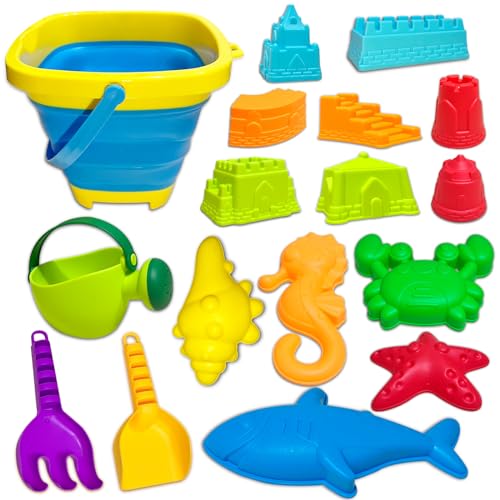 Sandspielzeug Set für Junge Mädchen, 17 Stück Strandspielzeug Kinder Beach Toy mit Sandeimer Faltbar, Wasserlebewesen Burg Sandförmchen und Sandschaufel für Baby ab 2 3 4 5 6 Jahre von JadeLink