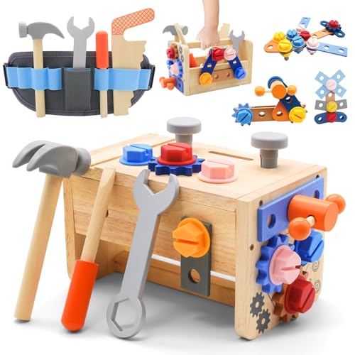 Werkzeugkoffer Kinder Werkbank mit Werkzeuggürtel, 39 Stück Werkzeug Kinder Montessori Holzspielzeug 3 4 5 6 Jahre, Lernspiele Werkzeugkasten Kinder für Geschenk Junge Mädchen ab 3 Wooden Toys von JadeLink