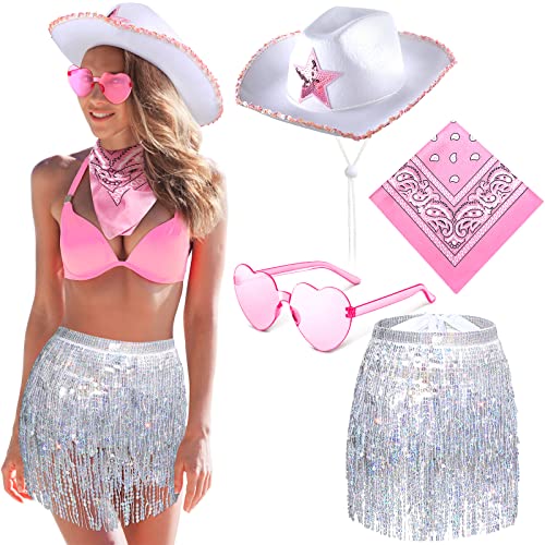 6 Stück Cowgirl Kostüm Outfits für Frauen, Weiß Rosa Cowboy Bachelorette Hut, Pailletten Stern Fransen Hüftrock Rosa Bandana und lustige Herzform Brille für Disco Bachelor Party Halloween Zubehör von Jadive