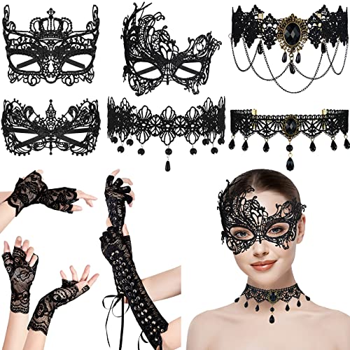 Jadive 9 Halloween Spitzen Lace Maskerade Kostüm Set 3 Stück Maske 3 Stück Choker Halskette 3 Handschuhe für Damen Mädchen Karneval Cosplay Party von Jadive