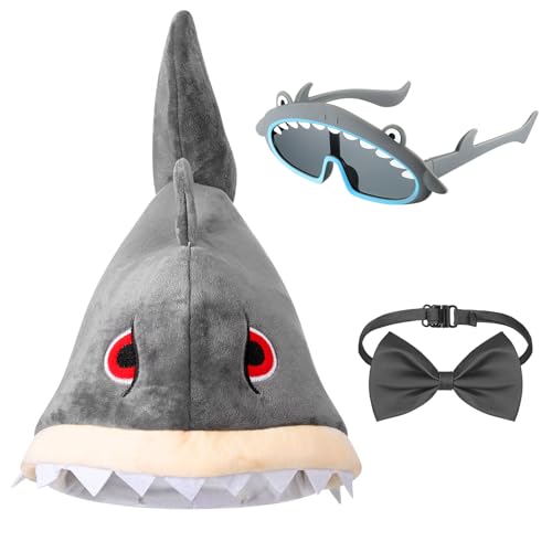 Jadive Haifisch Hut Haifisch Brille Graues Fliege Set Verstellbare Haifischhut Kostüm mit Lustiger Partybrille und Fliege für Erwachsene Karneval Halloween Weihnachten Ostern Partydekorationen von Jadive