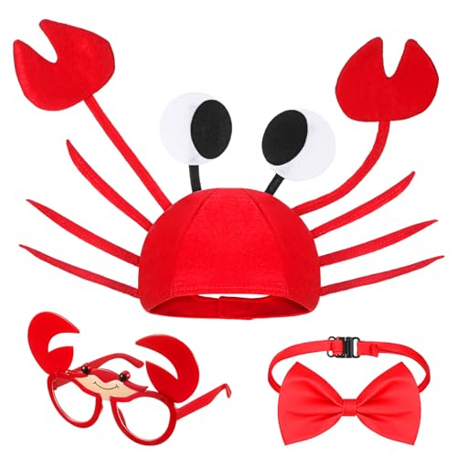 Jadive Krabben Hut Krabbe Brille Rotes Fliege Set Verstellbare Krabbenhut Kostüm mit Lustiger Partybrille und Fliege für Kinder Erwachsene Karneval Halloween Weihnachten Ostern Partydekorationen von Jadive