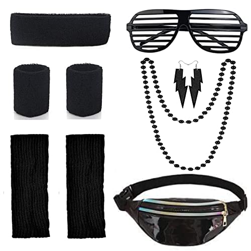 Jadyon 80er Jahre Kleidung Damen Set, Kostüm Accessoires 80er, Bauchtasche, Armbänder, Neonrosa Stirnband, Earring Necklace Glasses, Neon 80 Jahre Outfit Party Mädchen Kinder (black) von Jadyon