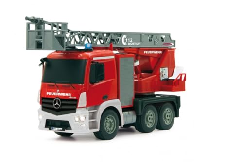 JAMARA 404960 - Feuerwehr Drehleiter 1:20 Mercedes Antos 2,4G - deutsche Sirene mit blauen LED Signallichtern, 420 ml Wasserbehälter, reale Spritzfunktion, programmierbare Funktionen, 4 Radantrieb, Rot von JAMARA